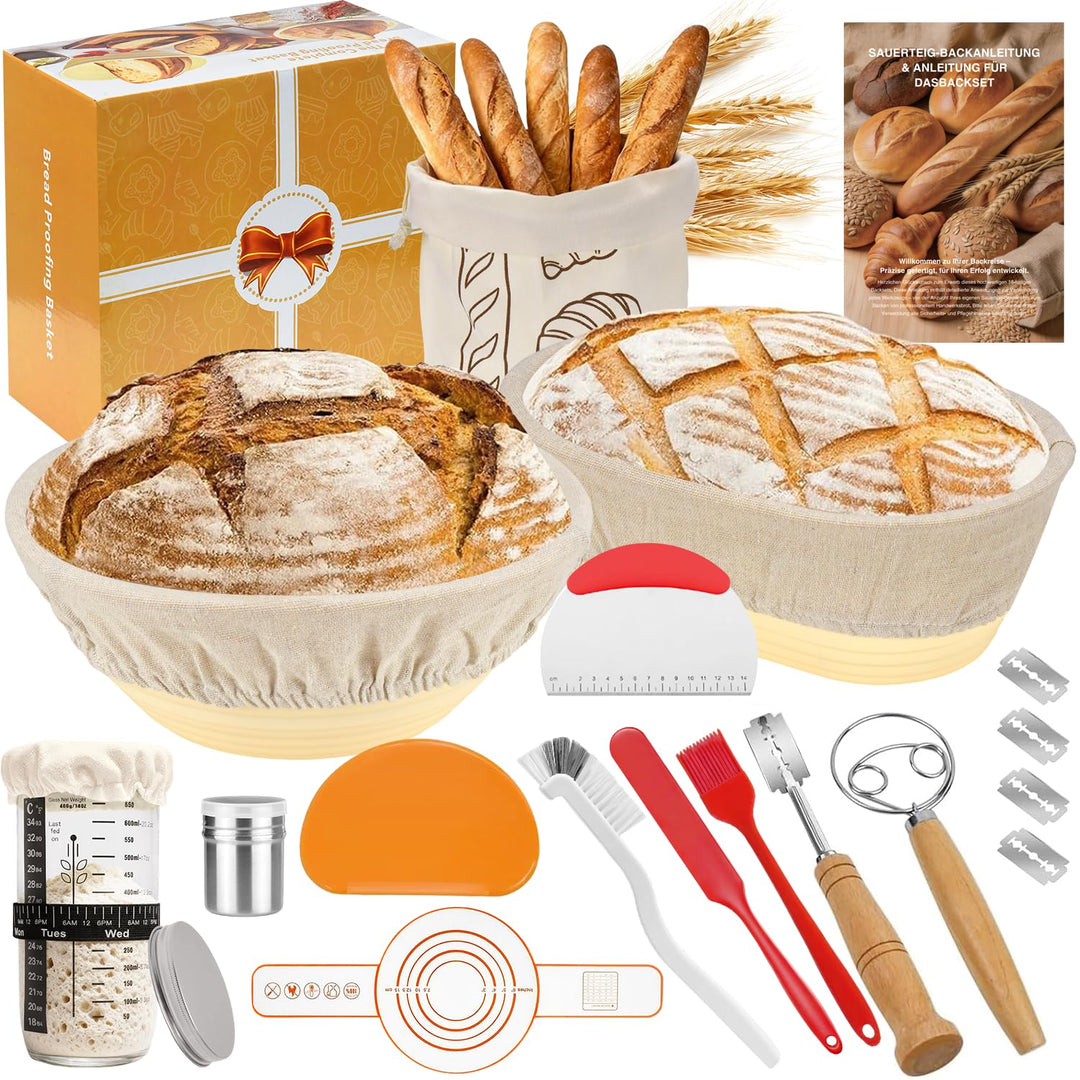 Sauerteig Starter Set 18-teilig,klappbare Silikon Gärkörbe rund+oval | 2 Körbe (rund 23/oval 25 cm),
