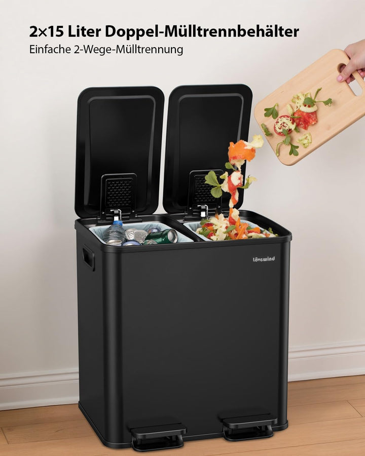 lovewind Mülleimer, 2 x 15L Mülleimer Küche, Doppeleimer für Recycling und Abfall, Schwarz, Mülleime