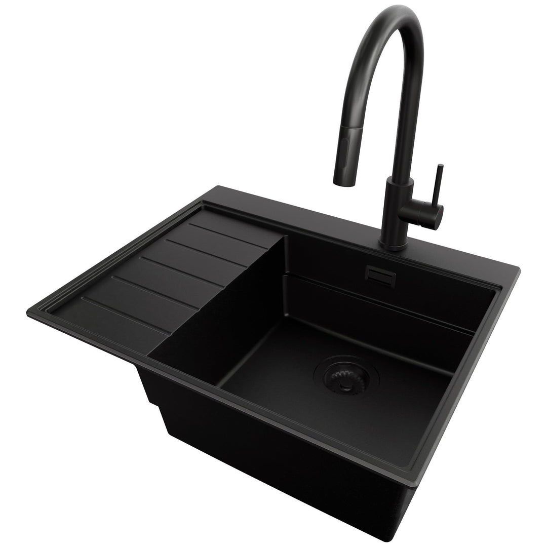 PRIMAGRAN Granitspüle Alles Schwarz 62x50cm, Spülbecken 1 Becken + Küchenarmatur 40x20cm + Ablauf-Se