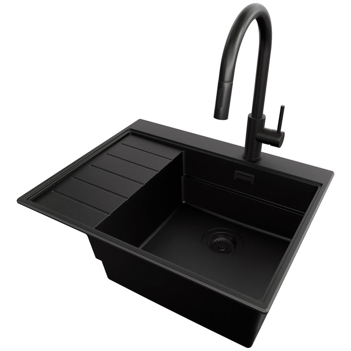 PRIMAGRAN Granitspüle Alles Schwarz 62x50cm, Spülbecken 1 Becken + Küchenarmatur 40x20cm + Ablauf-Se