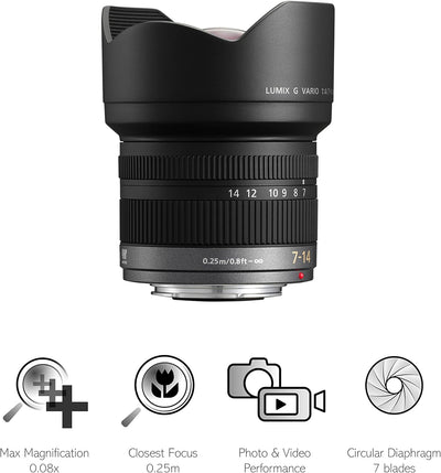 Panasonic H-F007014E LUMIX G Vario Superweitwinkel 7-14 mm F4.0 ASPH. Objektiv (14-28 mm KB) schwarz