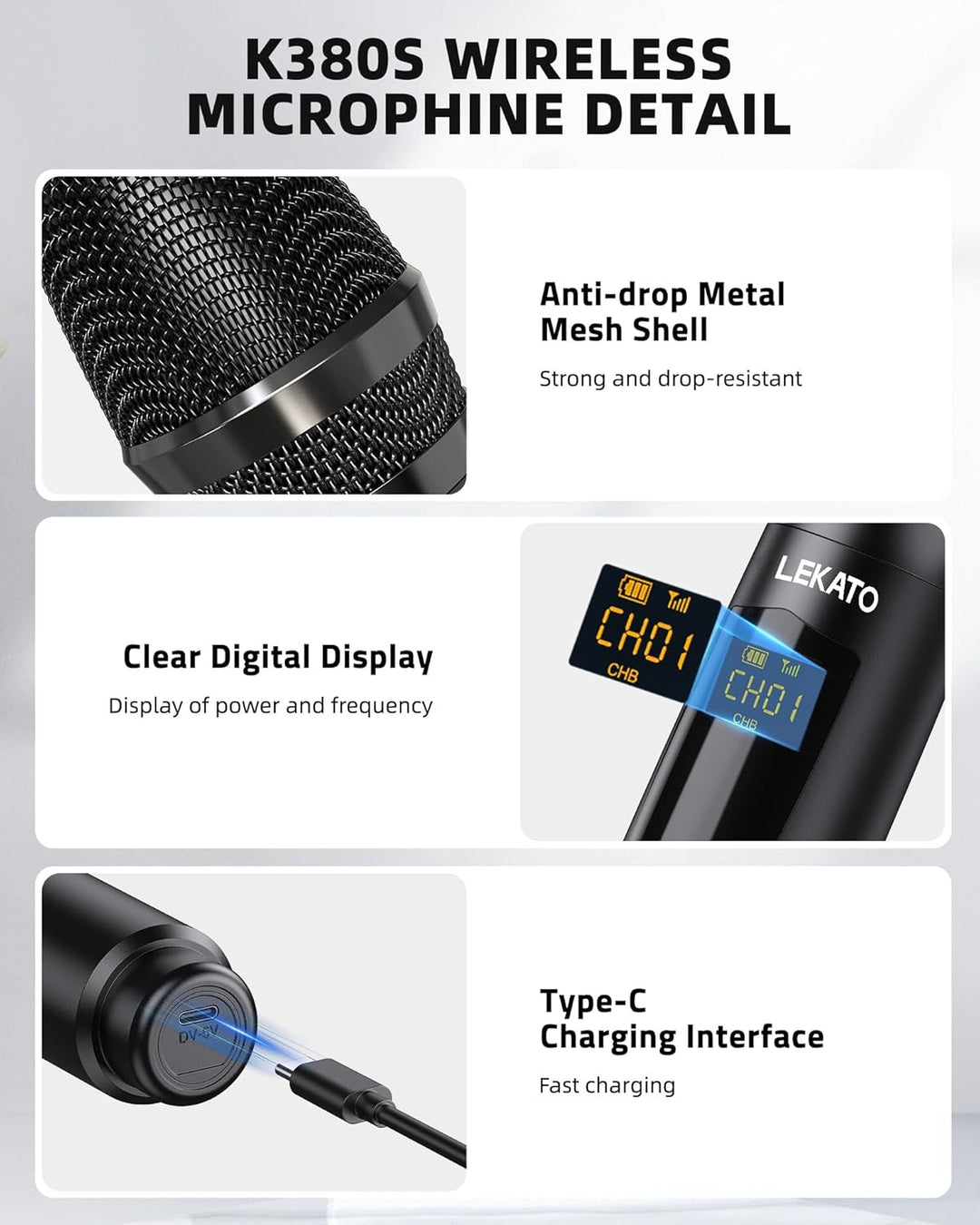 LEKATO Kabellose Sing-Mikrofone, Metall, 2,4 GHz Mikrofon, wiederaufladbar, Dual-Handmikrofon, bis z