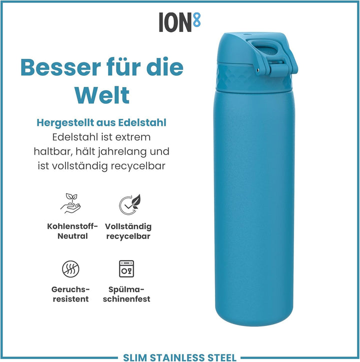 Ion8 Stahl-Trinkflasche, 600 ml, Auslaufsicher, Einhandöffnung, Sichere Verriegelung, Spülmaschinenf