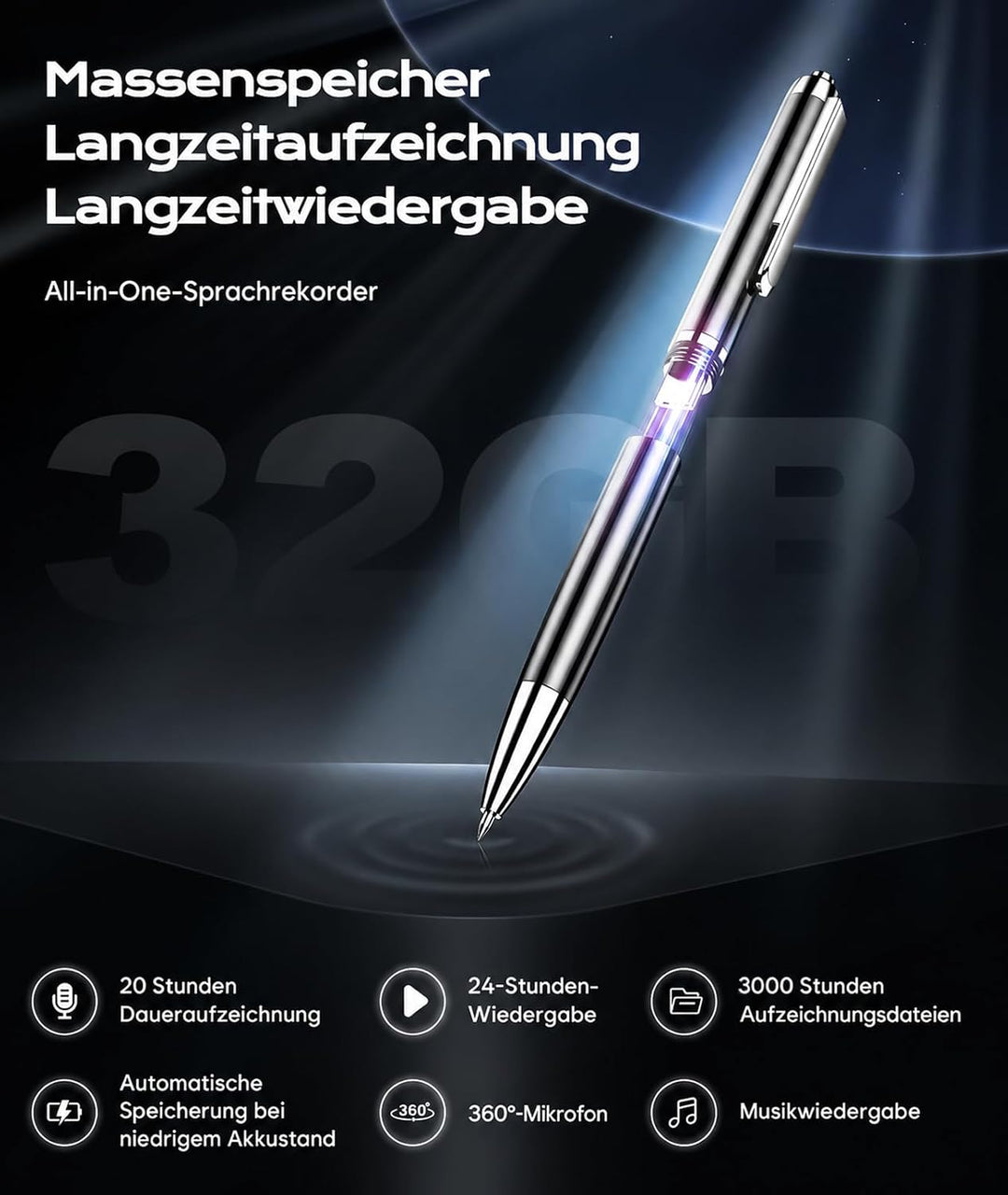 Diktiergerät mit USB-C, Speicher Diktiergerät Aufnahmegerät, Wiedergabe mit DSP-Rauschunterdrückung