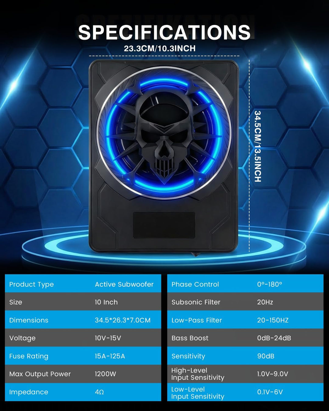 Aktiver Subwoofer für Auto, unter den Sitzen montierbar, maximale Leistung 1200W, 10 Zoll, integrier