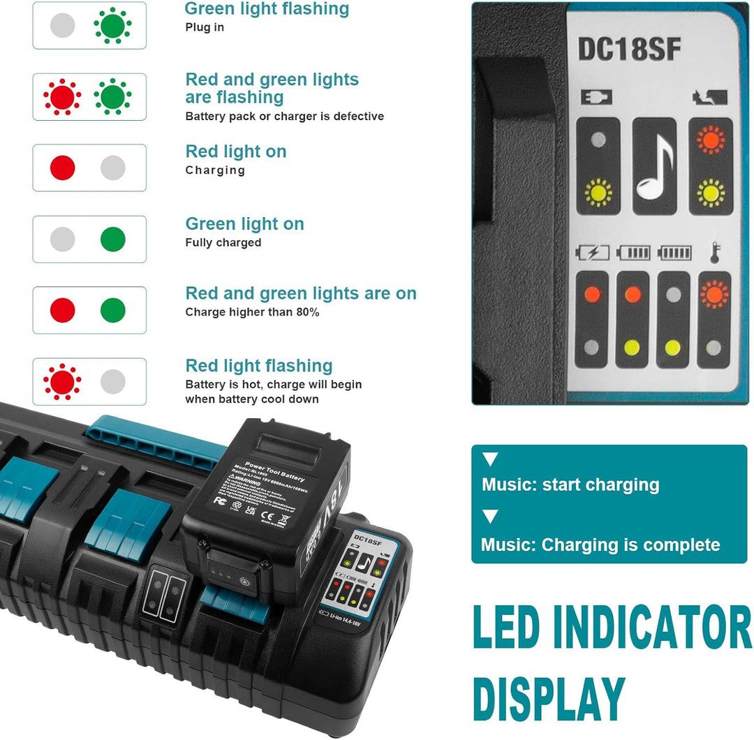 DC18SF 14,4V-18V Ladegerät für Makita Akku ASUNCELL 3A 4 Port Ersatz Ladegerät für Makita LXT DC18RD