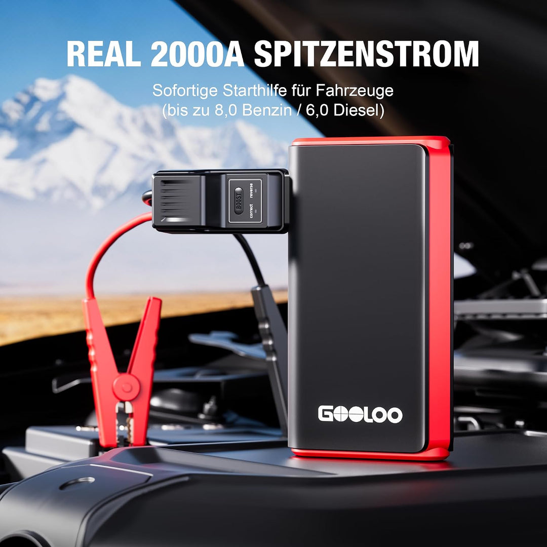GOOLOO GE2000 2000A Starthilfe Powerbank, Supersafe USB-Schnellladung Schwarz, Schwarz