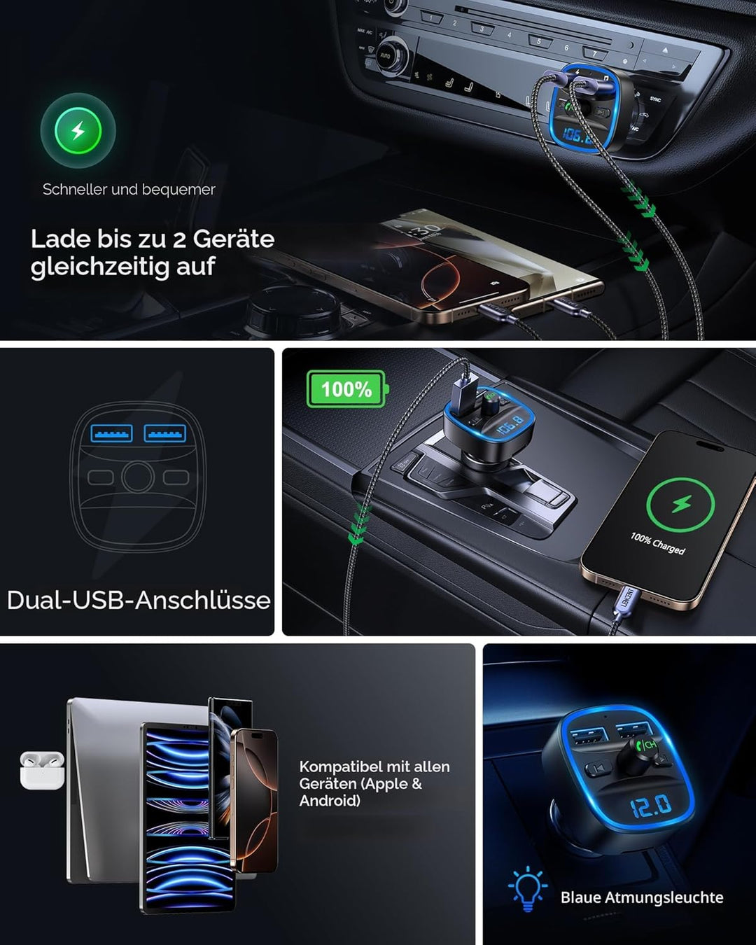LENCENT Bluetooth FM Transmitter Auto, Adapter für Auto Radio, Freisprecheinrichtung, 2 USB Ports, U