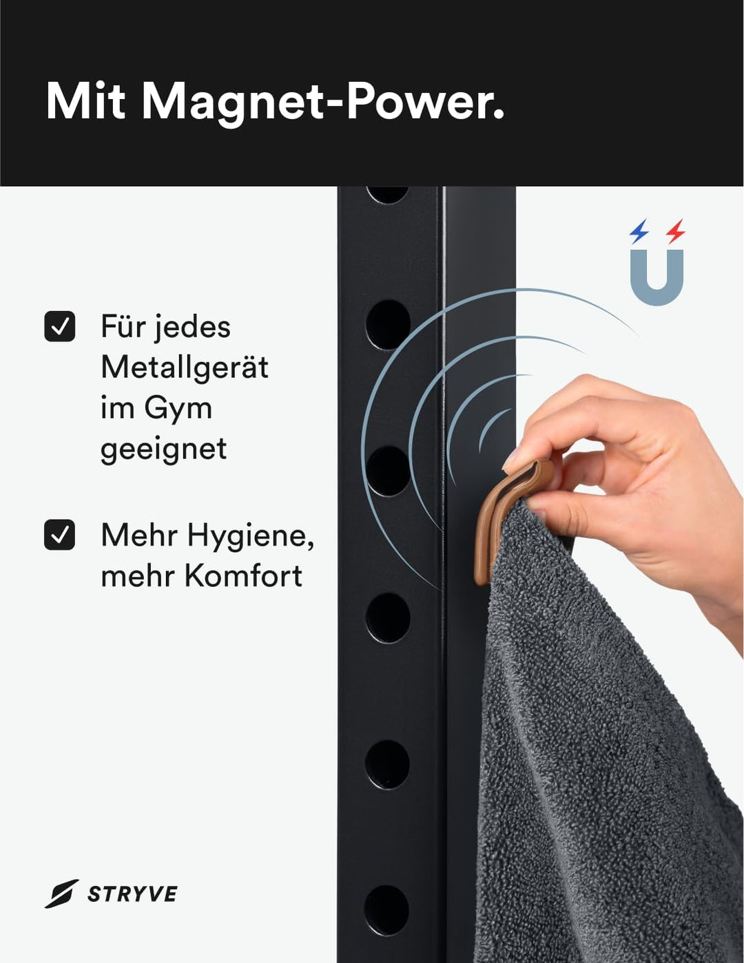 STRYVE Sporthandtuch – Das Original – Towell+ – Platinum Grey – 90 x 40 cm – Magnetclip & Rutschschu