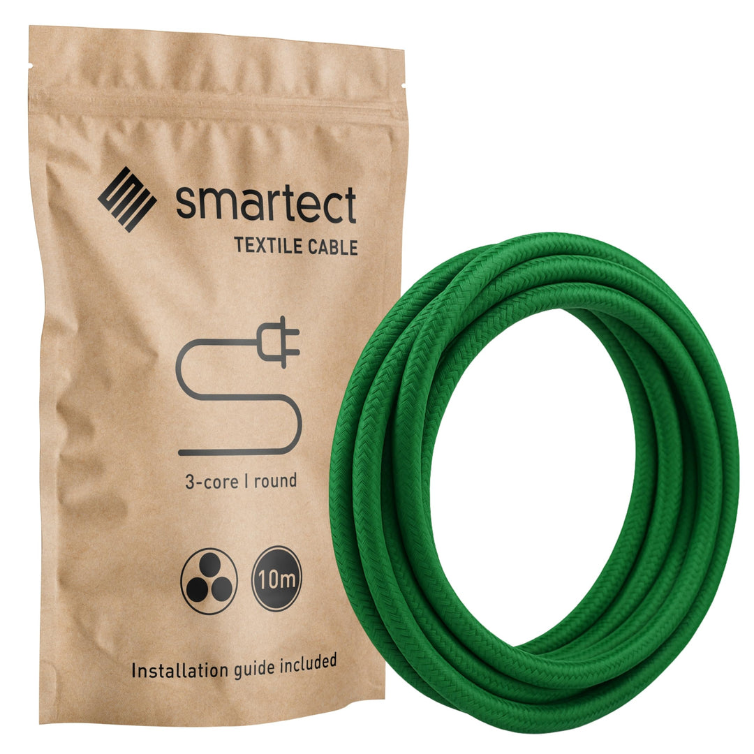 smartect Textilkabel 3-Adrig (3 x 0.75 mm²) Grün, 10 Meter | Vintage Lampenkabel Stoff, Stromkabel t