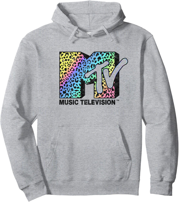 MTV Rainbow Grade Cheetah Print Logo Fill Pullover Hoodie