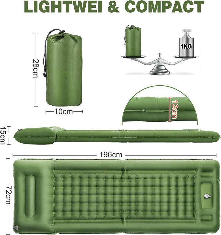 Kiaitre Isomatte,12CM Verdicktes Luftmatratze Camping mit Kissen und Fusspresse Pumpe, Ultraleicht W