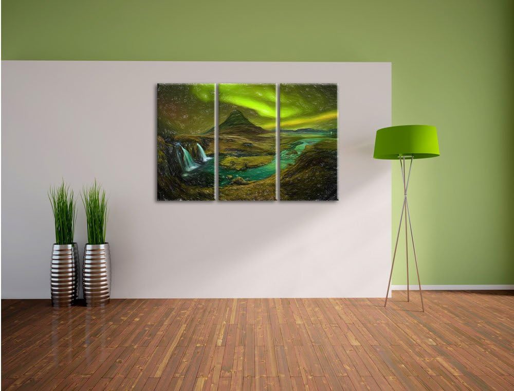 Pixxprint Kirkjufell Wasserfall als Leinwandbild/Grösse: 3 Teilig (120x80 cm) cm/Wandbild/Kunstdruck