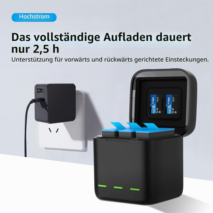 TELESIN Dreifach-Ladegerät und Akku-Speicherbox mit 3 Kanälen Ladegerät mit 2 wiederaufladbaren Lith