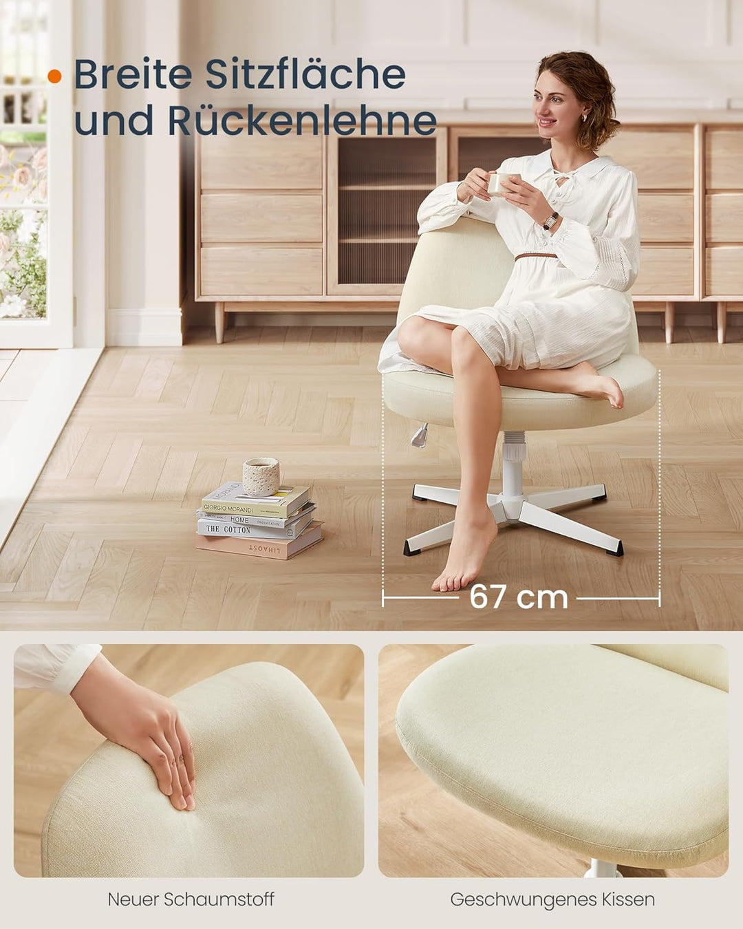 SONGMICS HOME Schneidersitz Stuhl, Drehstuhl ohne Armlehnen, Schreibtischstuhl, breite Sitzfläche, m