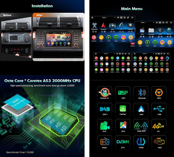 Erisin 8-Core 4+64GB Android 12 Autoradio Navi DAB+Carplay GPS DVD für BMW 5 Series X5 E53