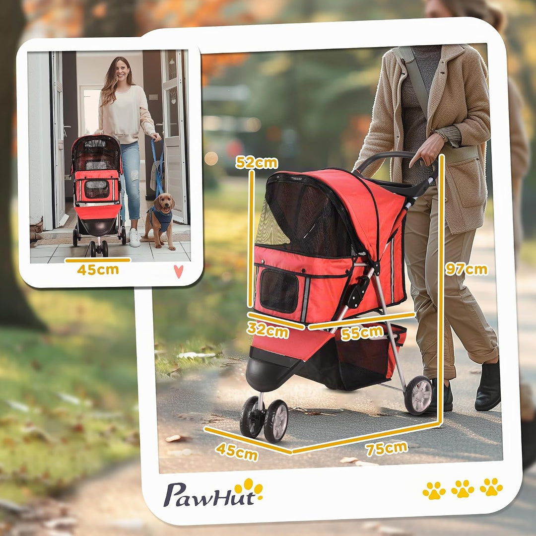 PawHut Hundewagen Hundebuggy Buggy Hunde Katzen Pet Stroller Hunde Buggy Rot Rot 75L x 45B x 97H cm,