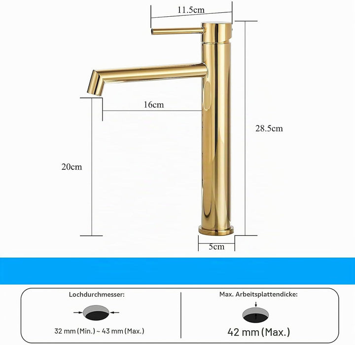Wasserhahn Bad, Waschtischarmatur Hoch Waschbecken Armaturen in Gold mit Auslaufhöhe 200 MM High,Ein