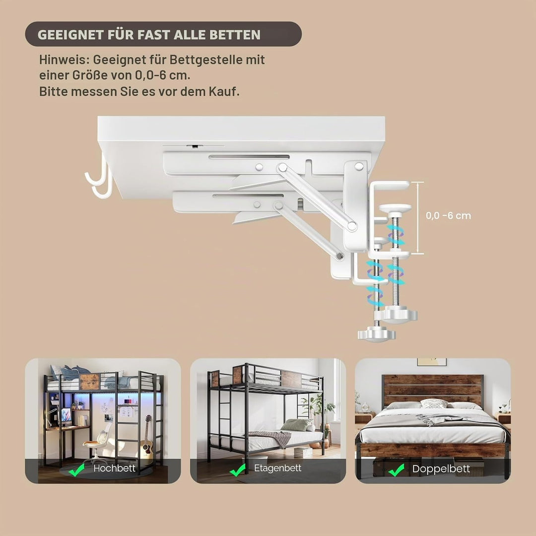 Magheo Bettablage zum Einhängen Faltbar, Metall Nachttisch zum Einhängen, Klemmbar Bett Ablage für E