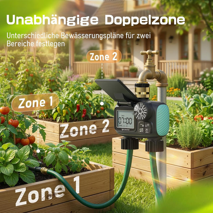 2-Zonen Solar Bewässerungscomputer, Automatische Bewässerung Wasser Zeitschaltuhr mit Solaraufladung