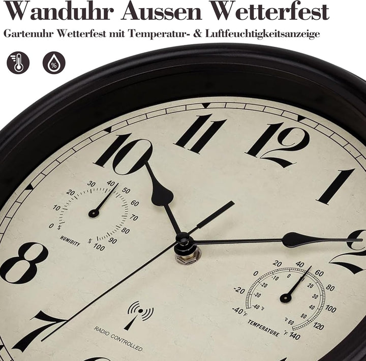 Foxtop Funk Wanduhr, Innen Draussen Wetterfeste Wanduhr mit Temperaturanzeige und Hygrometer, Ohne T