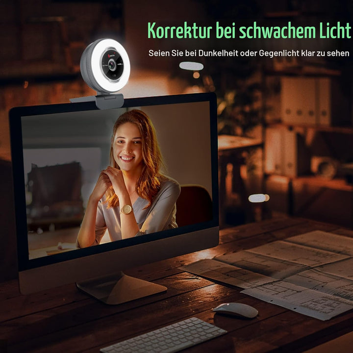 Angetube 60FPS 1080P Webcam mit Ringlicht - PC Kamera mit 5X Digitalzoom und Fernbedienung,Eingebaut