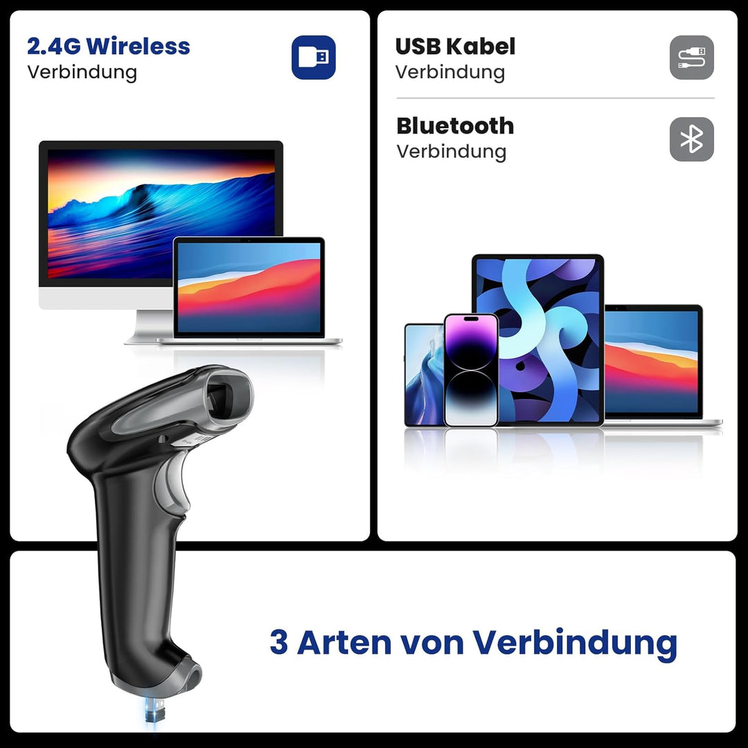 Eyoyo QR Code Scanner, 1D/2D Bluetooth Funk Barcode Scanner, 3-in-1 2.4G kabellos/USB Kabel Barcode