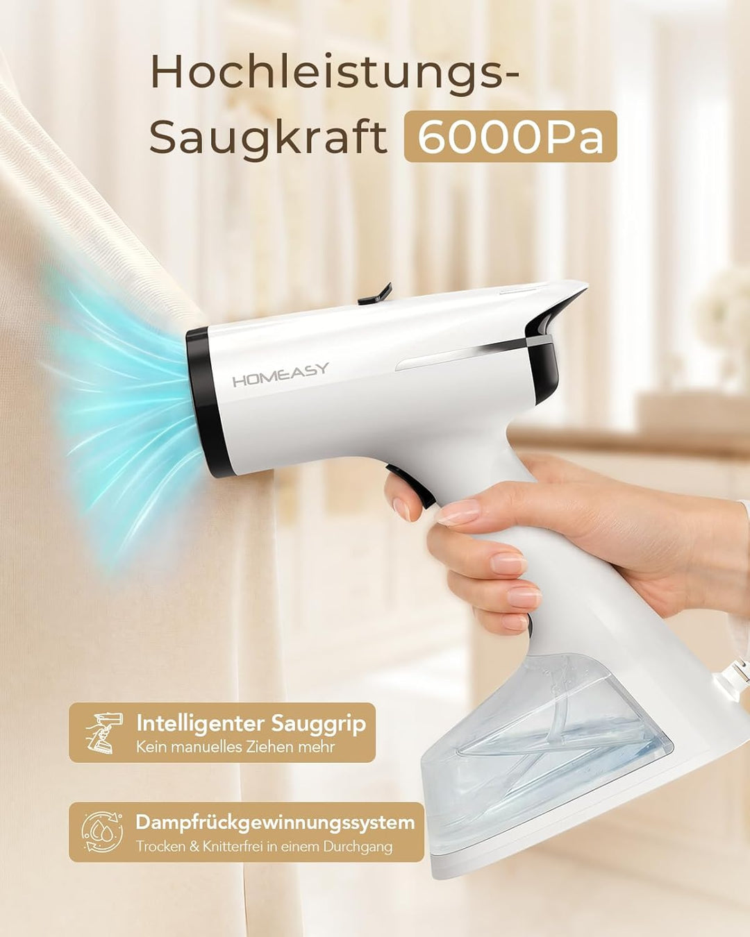 HOMEASY Dampfglätter mit Saugfunktion für Kleidung 6000Pa Vakuum Technologie 25s Schnellaufheizung 2