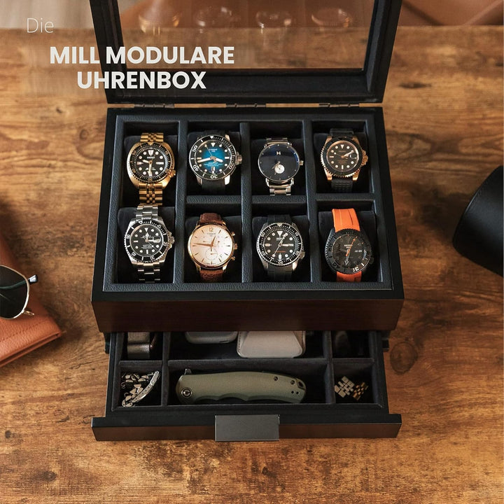 CASE ELEGANCE Uhrenbox mit 8 Fächern für Herren, Kirschholz-Walnuss-Finish, Uhrenvitrine, modulares