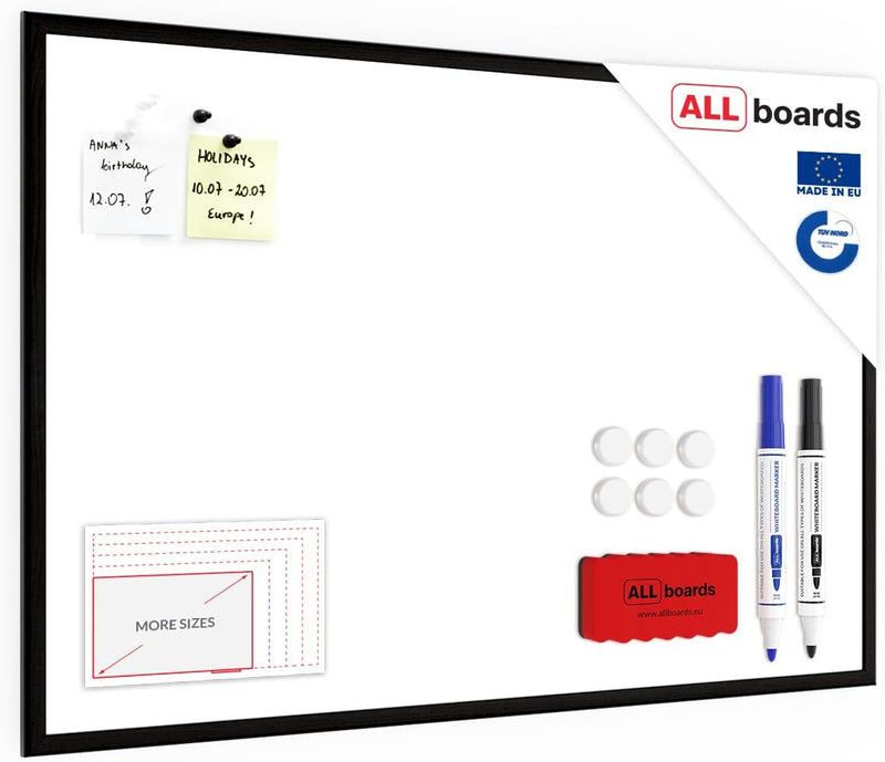 ALLboards Whiteboard mit schwarzem Rahmen 90x60cm Magnettafel Weiss Magnetisch, Trocken Abwischbar
