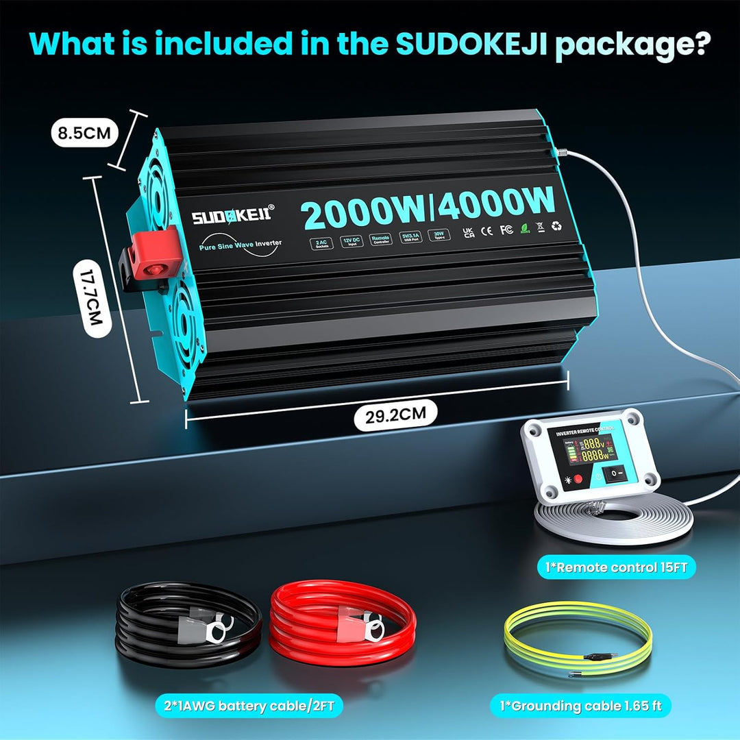 SUDOKEJI 2000W/4000W Wechselrichter Reiner Sinus Spannungswandler 12v auf 230v Power Inverter mit LC