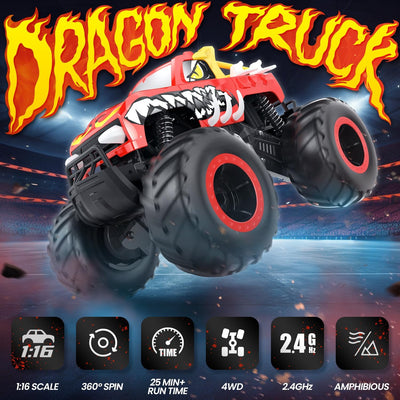 DEERC Amphibisches Ferngesteuertes Auto 1:16, 4WD Off-Road Monster Trucks in Feuer-Drache-Optik mit