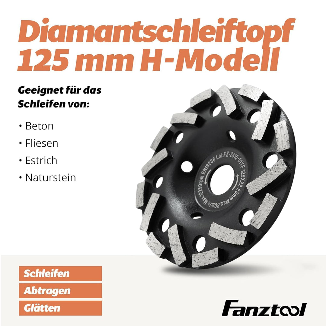 FANZTOOL Premium Diamant Schleiftopf Abrasiv 125 mm x 22,2 mm Schleifteller für abrasive Baustoffe,