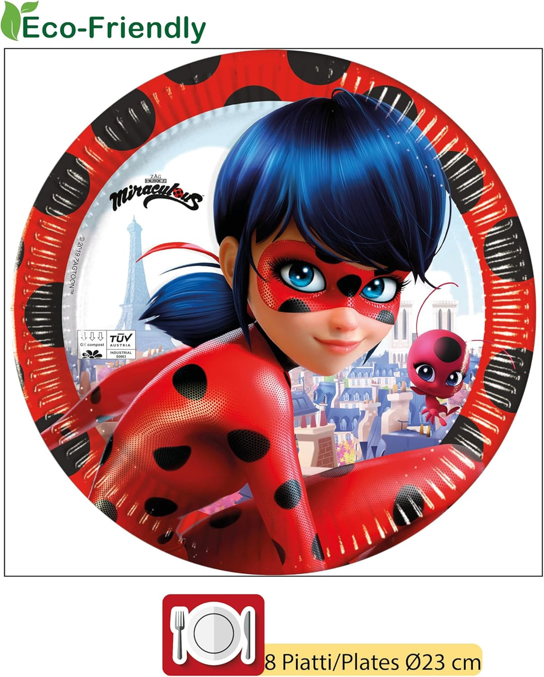 Partygeschirr Party-Set Miraculous Ladybug für 8 Personen (36 pcs: 8 Pappteller Ø23cm, 8 Becher 200m