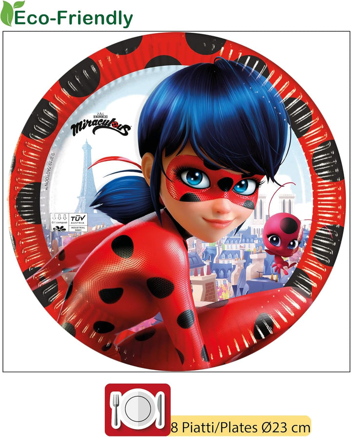 Partygeschirr Party-Set Miraculous Ladybug für 8 Personen (36 pcs: 8 Pappteller Ø23cm, 8 Becher 200m