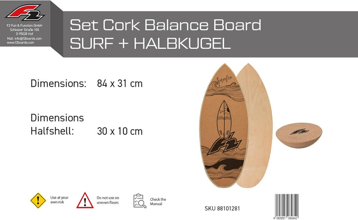 F2 Set Kork Balance Board Flat Shape + Halbkugel Modell wählbar Surf 84x31cm + Halbkugel, Surf 84x31