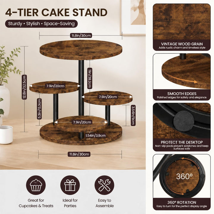 4-Etagen Kuchenständer aus Holz, 360° Tortenplatte Drehbar für Cupcakes, Donuts & Desserts,Kekse, Sü