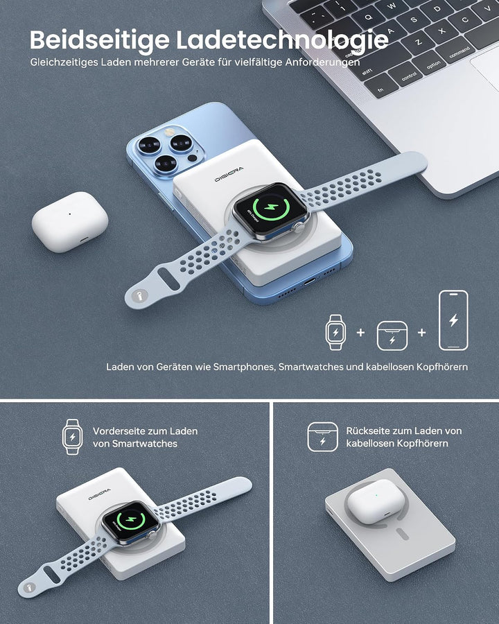 DIGIERA Dual Magnetic Power Bank, 5000 mAh magnetisches tragbares Ladegerät, DGPB301 PD 15 W kabello