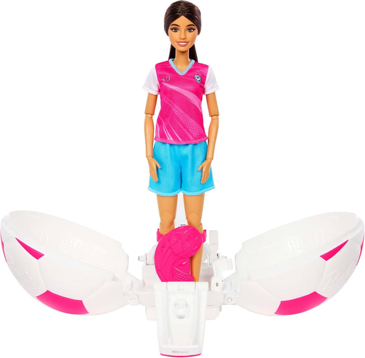Barbie Team Roll &amp; Reveal Fussballspielerin-Puppe und Zubehörteile mit brünetter Modepuppe, 8 Überra
