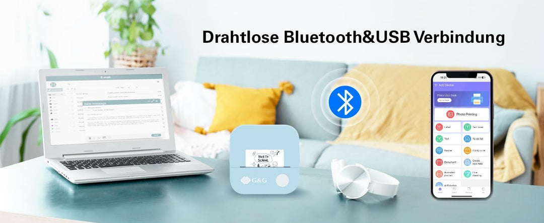 G&G Mini Thermodrucker SD001BL Mobiler Bluetooth Drucker für Handy & Tablet, Kabellos, Ohne Tinte, I