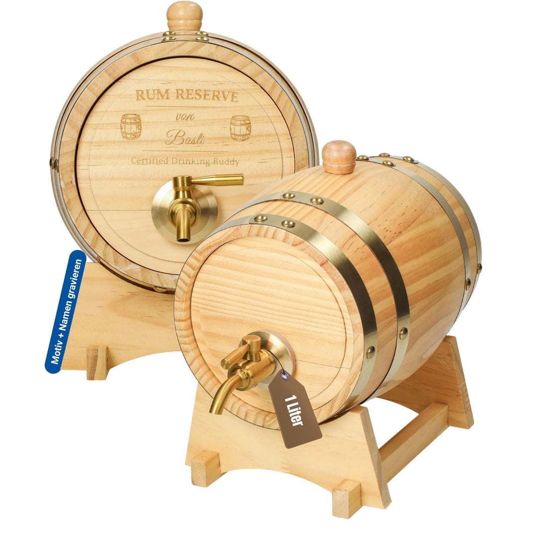 Personalisiertes Holzfass 1 l - kleines Weinfass mit Zapfhahn, Beutel und Bock - dekoratives Fass fü