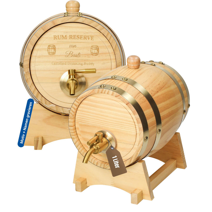 Personalisiertes Holzfass 1 l - kleines Weinfass mit Zapfhahn, Beutel und Bock - dekoratives Fass fü