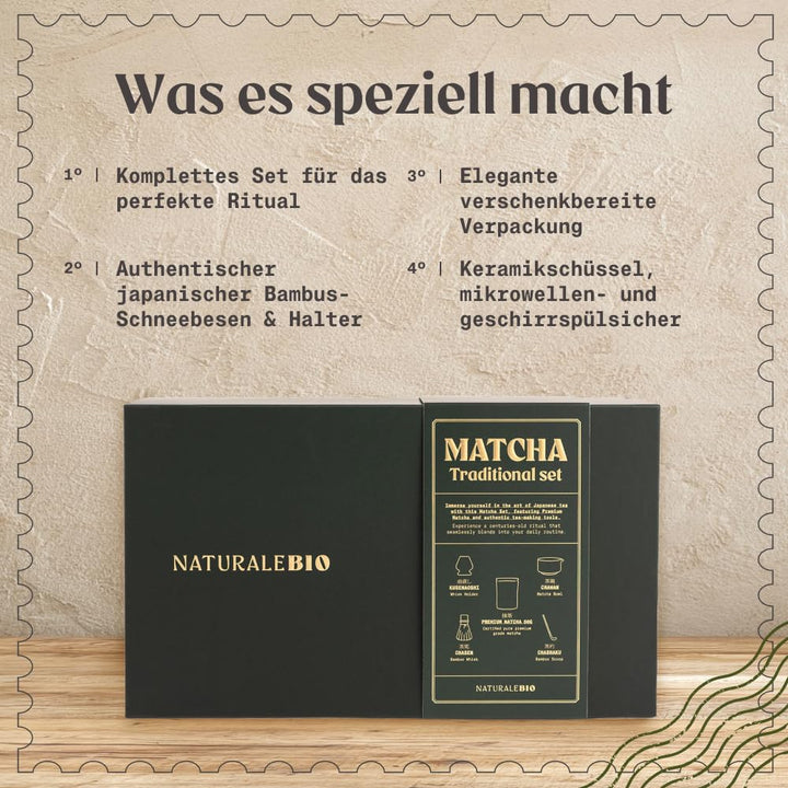 NaturaleBio Traditionelles Matcha-Set mit japanischem Matcha-Pulver in Premium-Qualität 50g, Bambusb