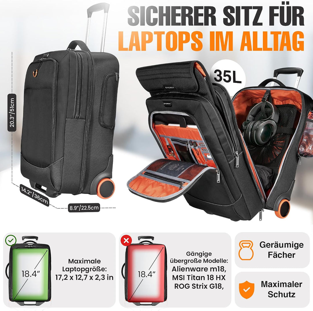 Everki EKB420 Laptop Trolley mit anpassbarem Fach für Notebooks von 15" bis 18,4" (38,1-46,8 cm), Sc