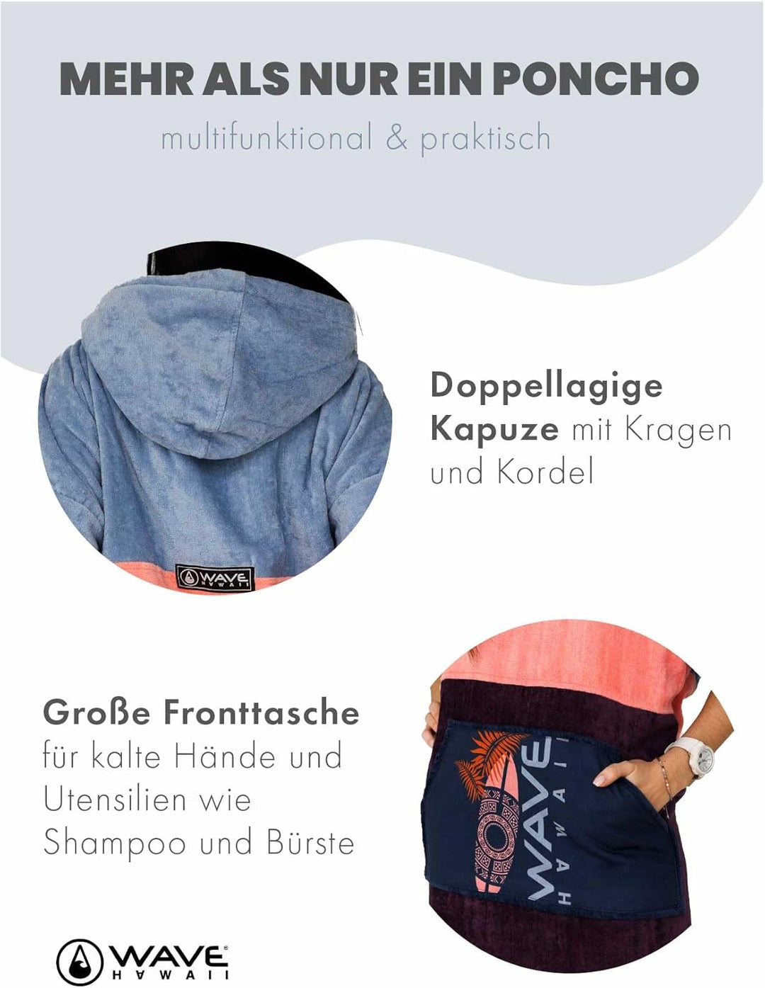 WAVE HAWAII Barravento Surfponcho für Körpergrössen 160-190 cm Poncho 100% ÖKO Baumwolle Velours Umk