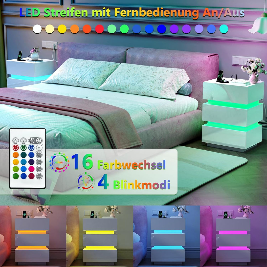 PIPIPOXER LED Nachttisch 2er Set mit Steckdose & USB, Nachttisch Weiss Hochglanz mit 3 Schubladen, N