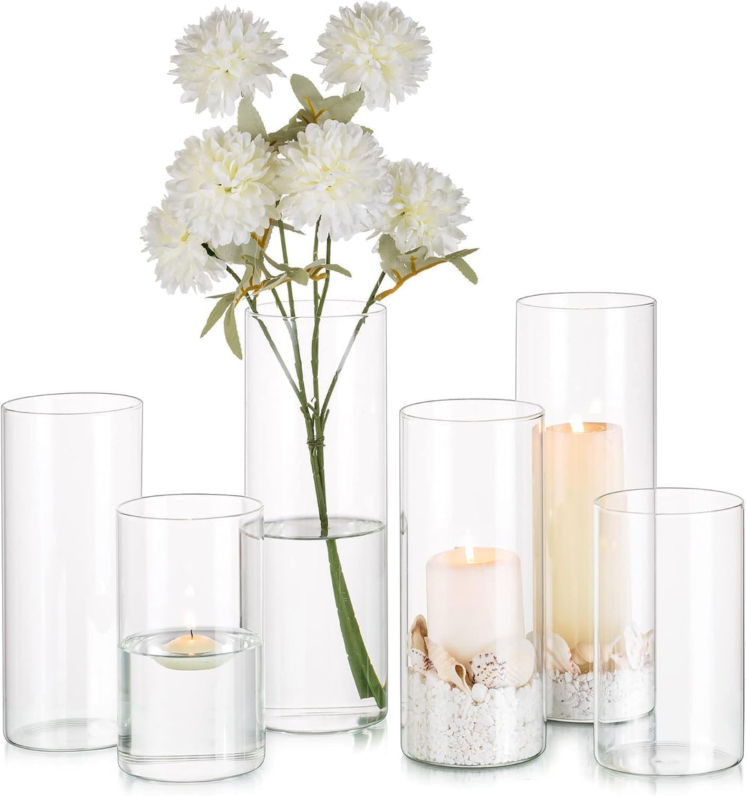 Glasseam Zylinder Vase Glas Klar, Blumenvase Modern Vasen Deko 6 Stück, 15/20/25cm Hoch Tulpenvase Z