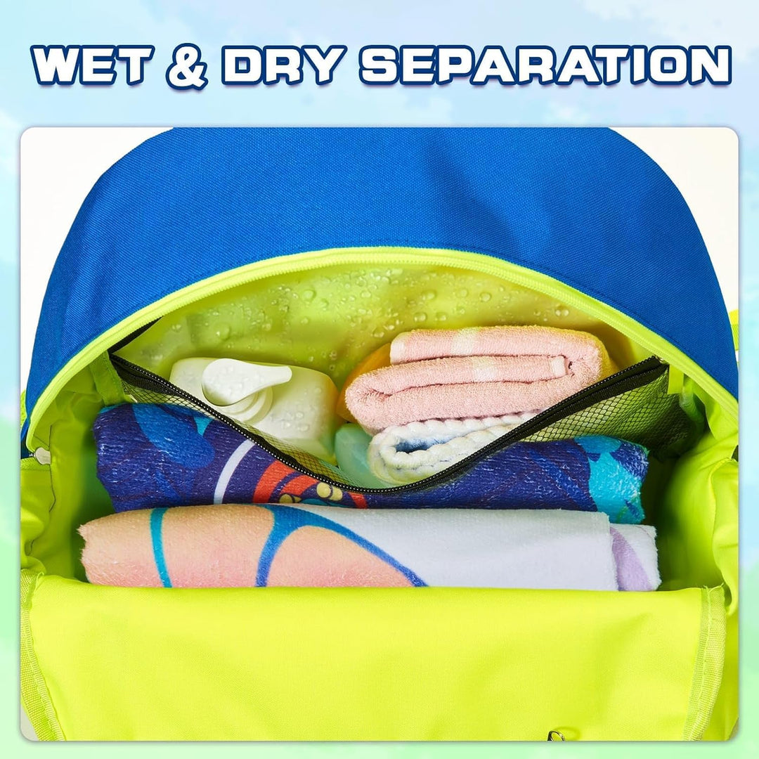 WAWSAM Schwimm Rucksack für Kinder mit Schuhfach und Trocken- und Nasstrennung Blau & Grün, Blau & G