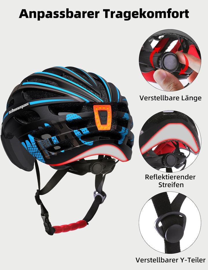 Shinmax Fahrradhelm Herren Damen mit Visier, Magnetischer Abnehmbarer Schutzbrille und USB-Aufladung