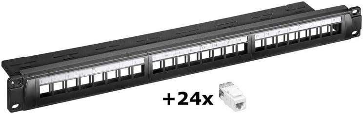 Goobay 95336 Keystone Patch Panel 24 Port / 19 Zoll Gehäuse mit 24x CAT 6 RJ45 Keystone Modulen / 1